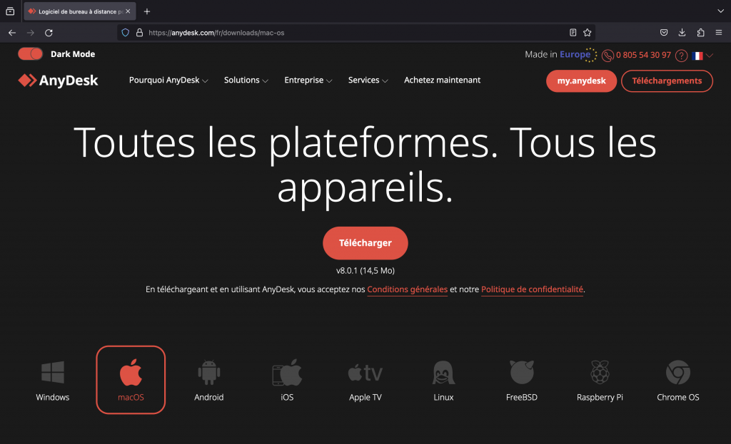 Site du téléchargement de Anydesk pour MacOS