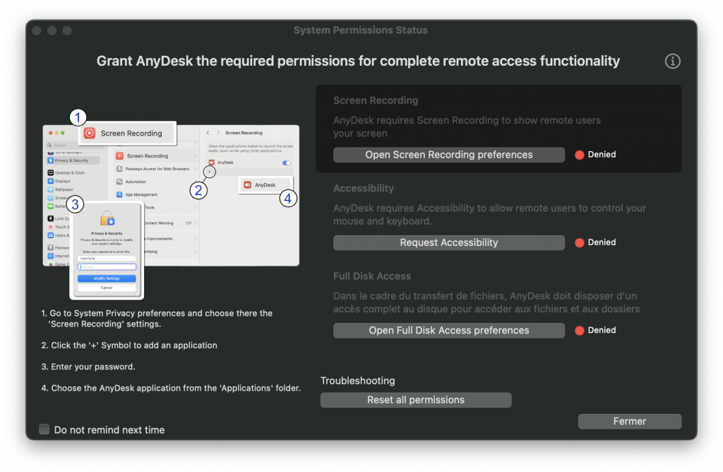Autorisations pour utiliser Anydesk